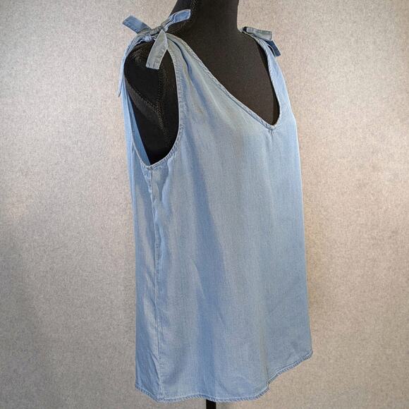 Jane & Delancey Chambray Tank Top Women L Tie Shoulder Sleeveless V Neck Blouse - Picture 11 of 12